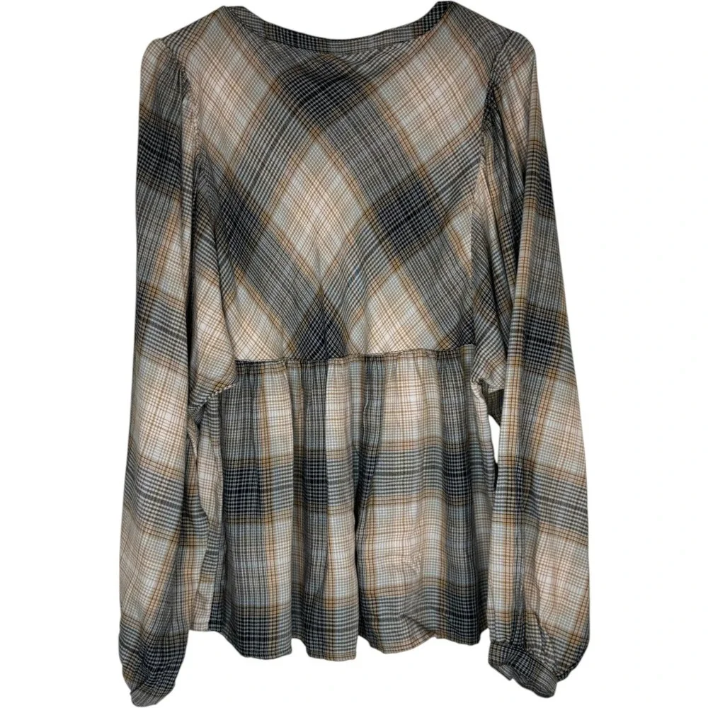 Me by Jennie Garth Drapey Flannel Blouse Womens Medium Brown Black Plaid A664756